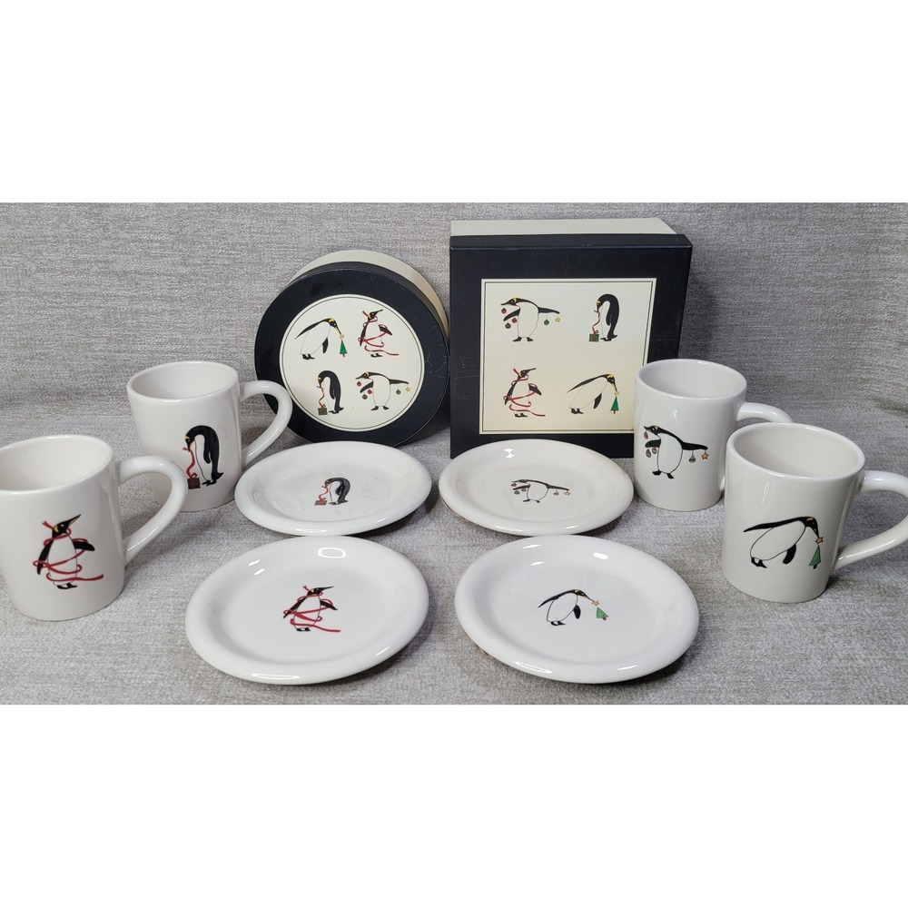 BIA Cordon Bleu‎ Penguin Christmas Coffee Mugs & 6" Plates Set w Boxes NEW